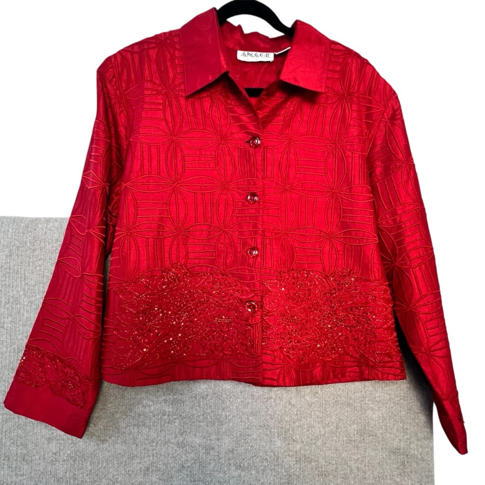 Anage Silk Red Embroidered Dress Jacket Women’s Size XL
